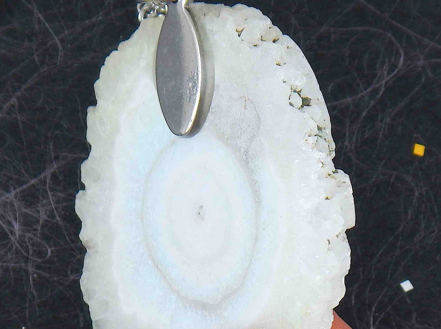 16-inch necklace with large solar quartz stone circular pendant, white with a hint of blue, stainless steel chain