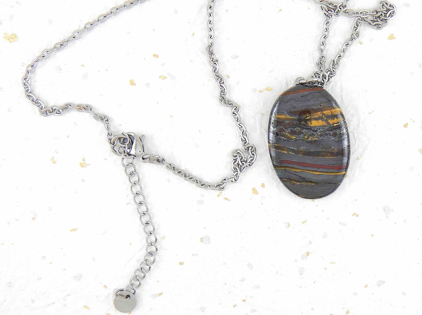 16-inch necklace with oval iron tiger stone pendant, gray-red-golden brown stripes, stainless steel chain