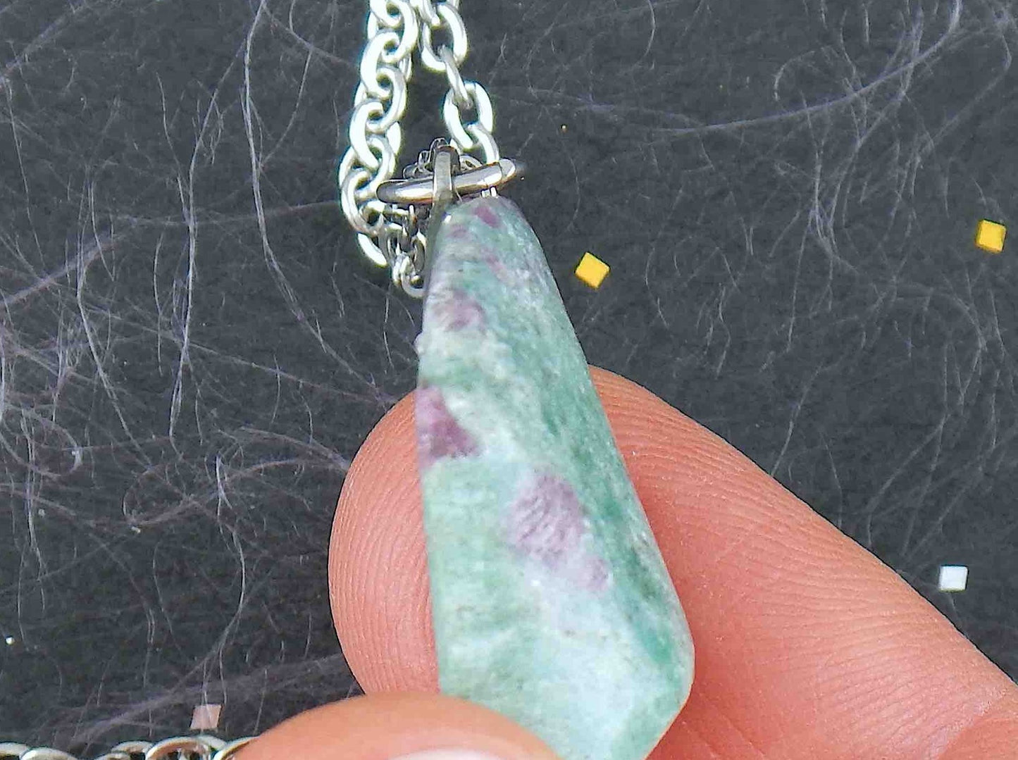 16-inch necklace with marbled emerald green fuchsite ruby stone lozenge pendant, purple inclusions, stainless steel chain