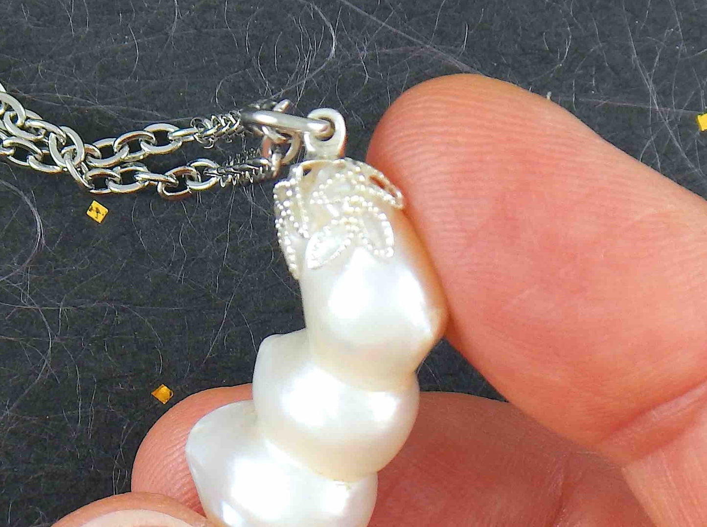 16-inch necklace with column pendant made of 3 fused natural white freshwater pearls, stainless steel chain