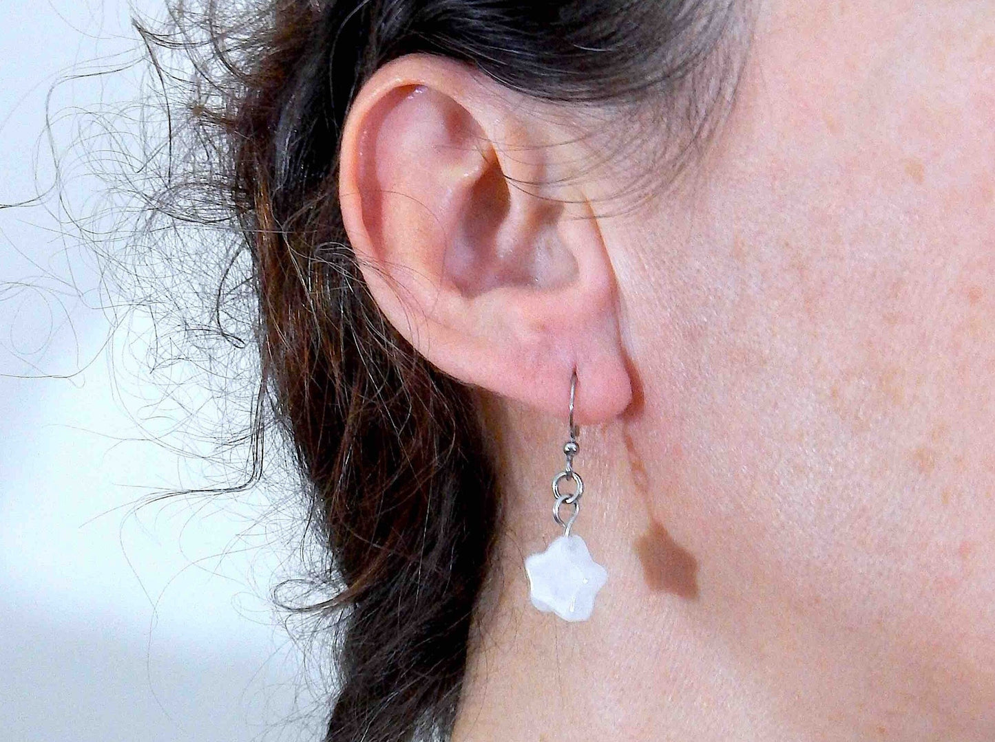 Short earrings with small white quartz stone stars, stainless steel hooks