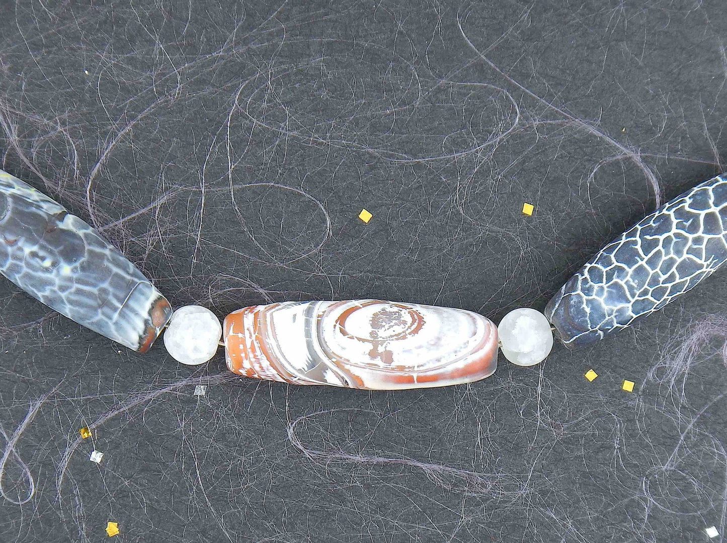 Choker necklace with 3 fire-cracked agate stone beads in black-caramel-white tones, stainless steel clasp