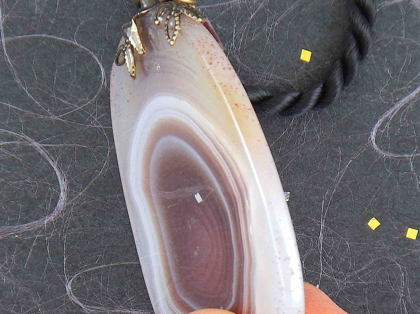 17-inch agate slice pendant in burgundy-white-gray on black satin cord, antique glass cylinder beads, copper clasp