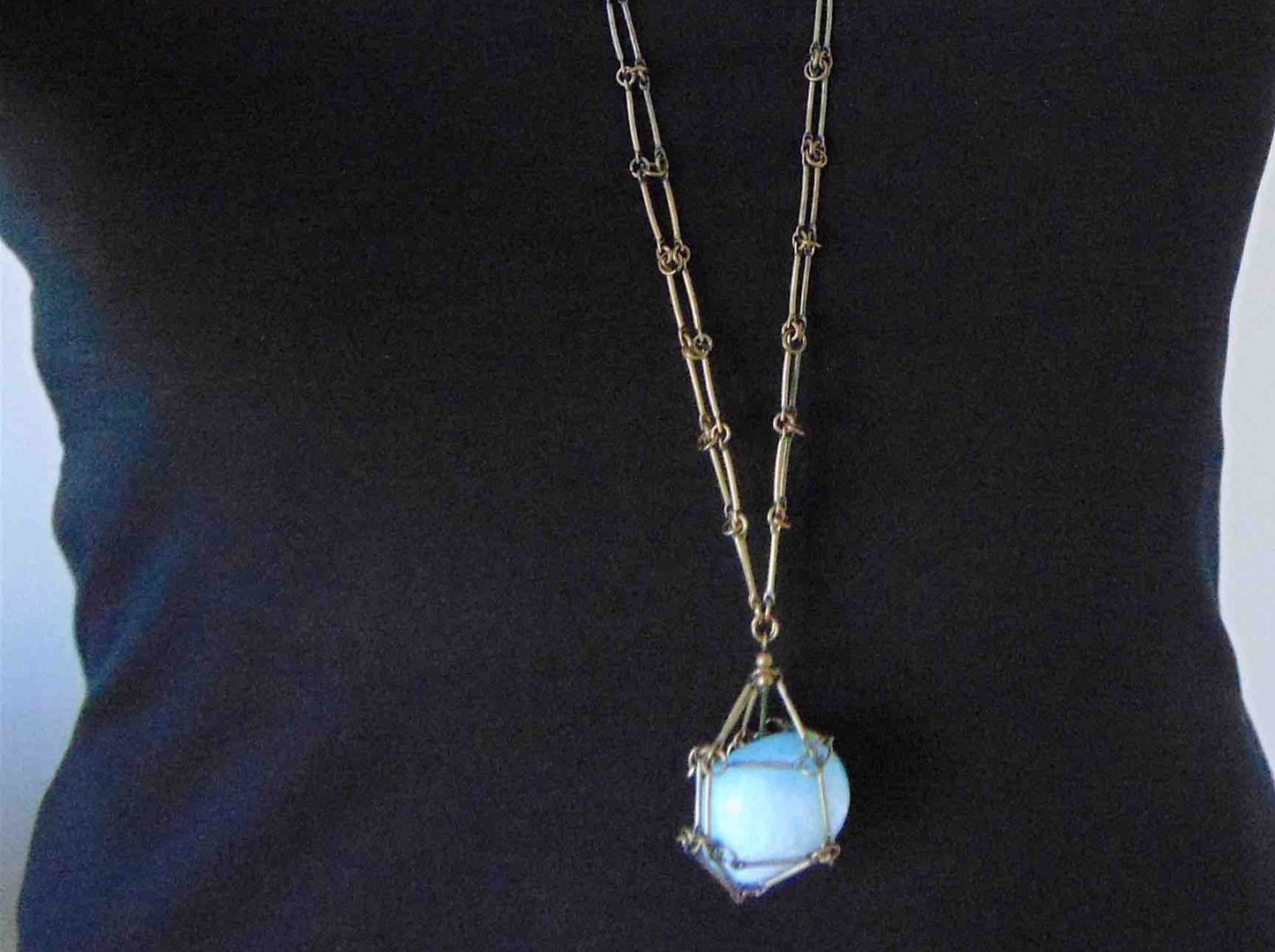 36-inch necklace with large aquamarine nugget caged in brass link bar chain, brass-toned matte aluminum chain
