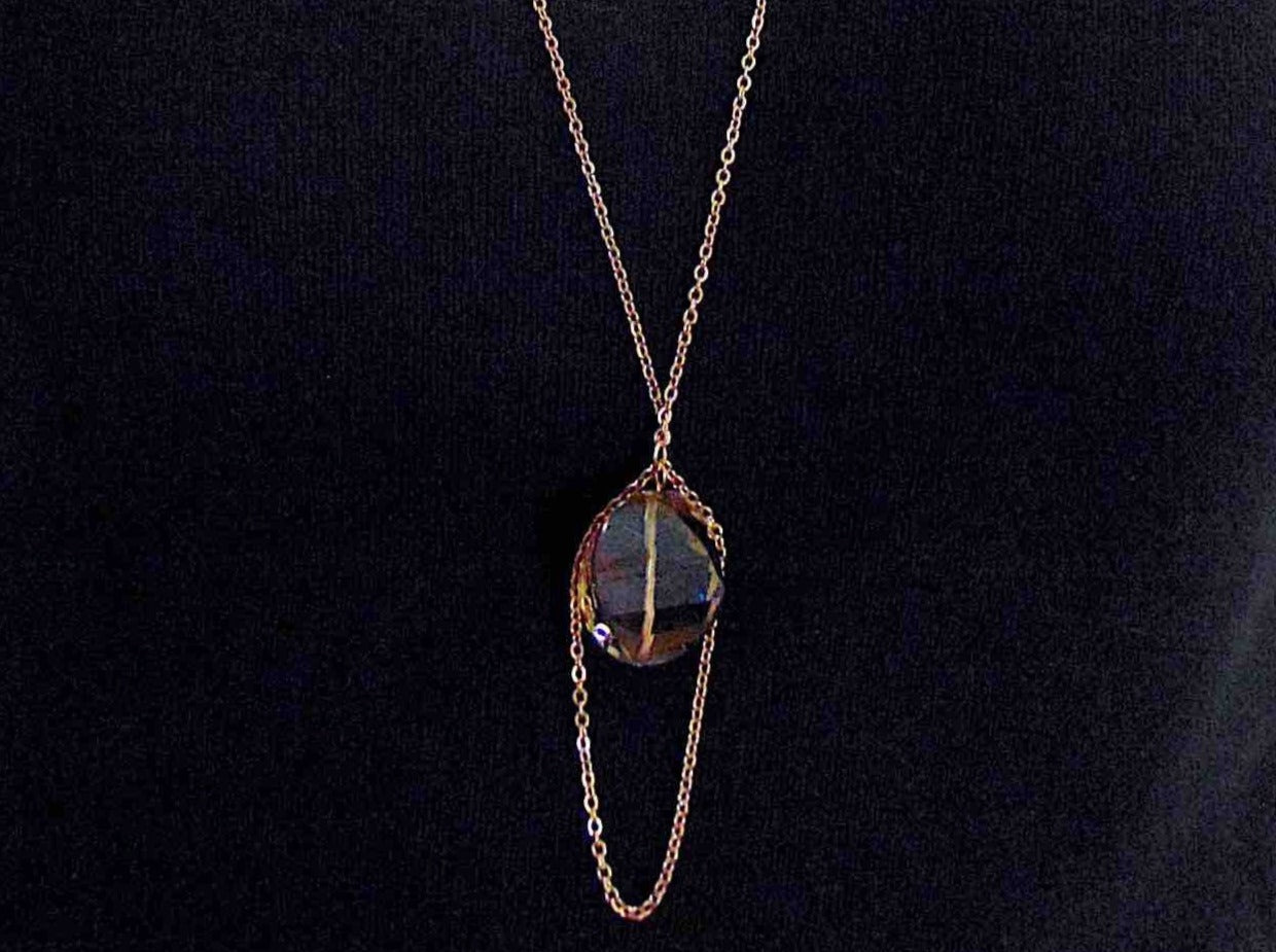 31-inch necklace with smoky quartz stone pendant, 4 profiled and faceted faces, rose gold-toned stainless steel chain