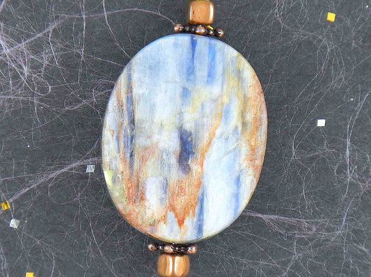 30-inch necklace with large oval kyanite stone slice in blue-silver-bronze, stainless steel chain