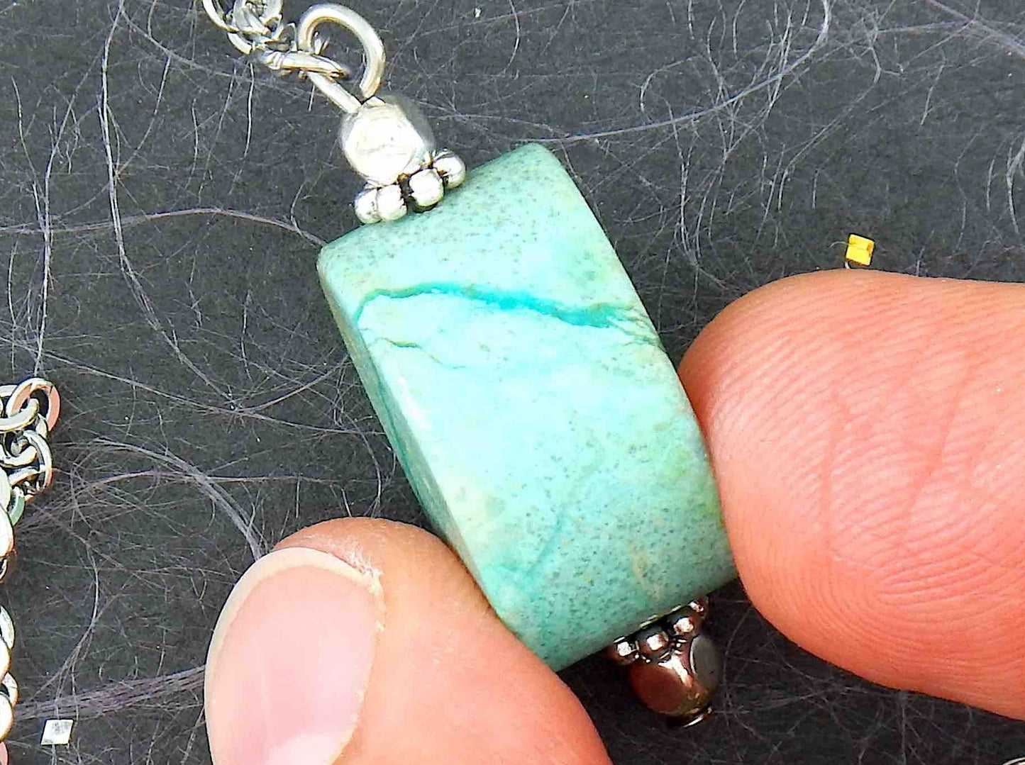15-inch necklace with oval blue-green marbled chrysocolla stone, stainless steel chain chain