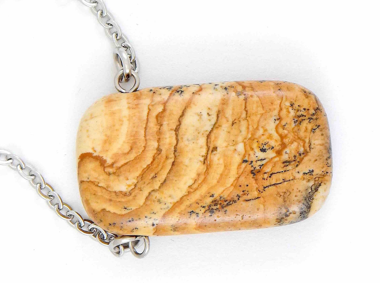 Collier 26 po à pendentif rectangle arrondi de pierre jaspe paysage caramel clair, chaîne acier inoxydable