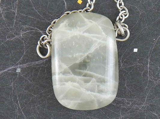 26-inch necklace with rectangular natural silver moonstone pendant, stainless steel chain