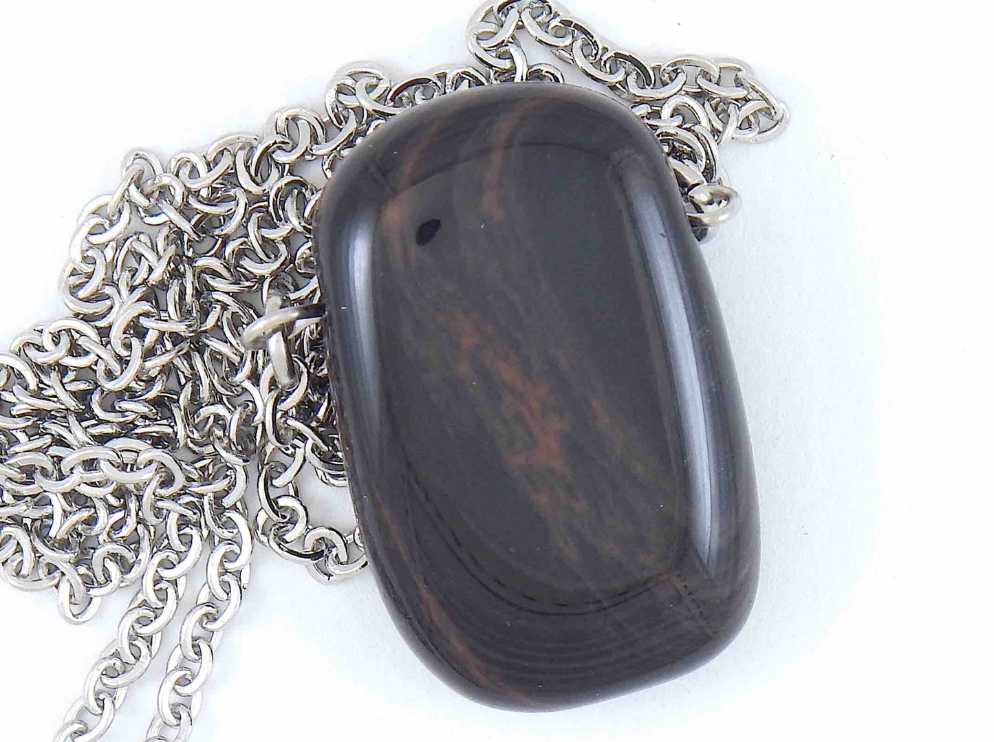Collier 26 po à pendentif rectangle arrondi de pierre obsidienne or rouge, chaîne acier inoxydable