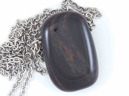 26-inch necklace with rectangular reddish gold obsidian stone pendant, stainless steel chain