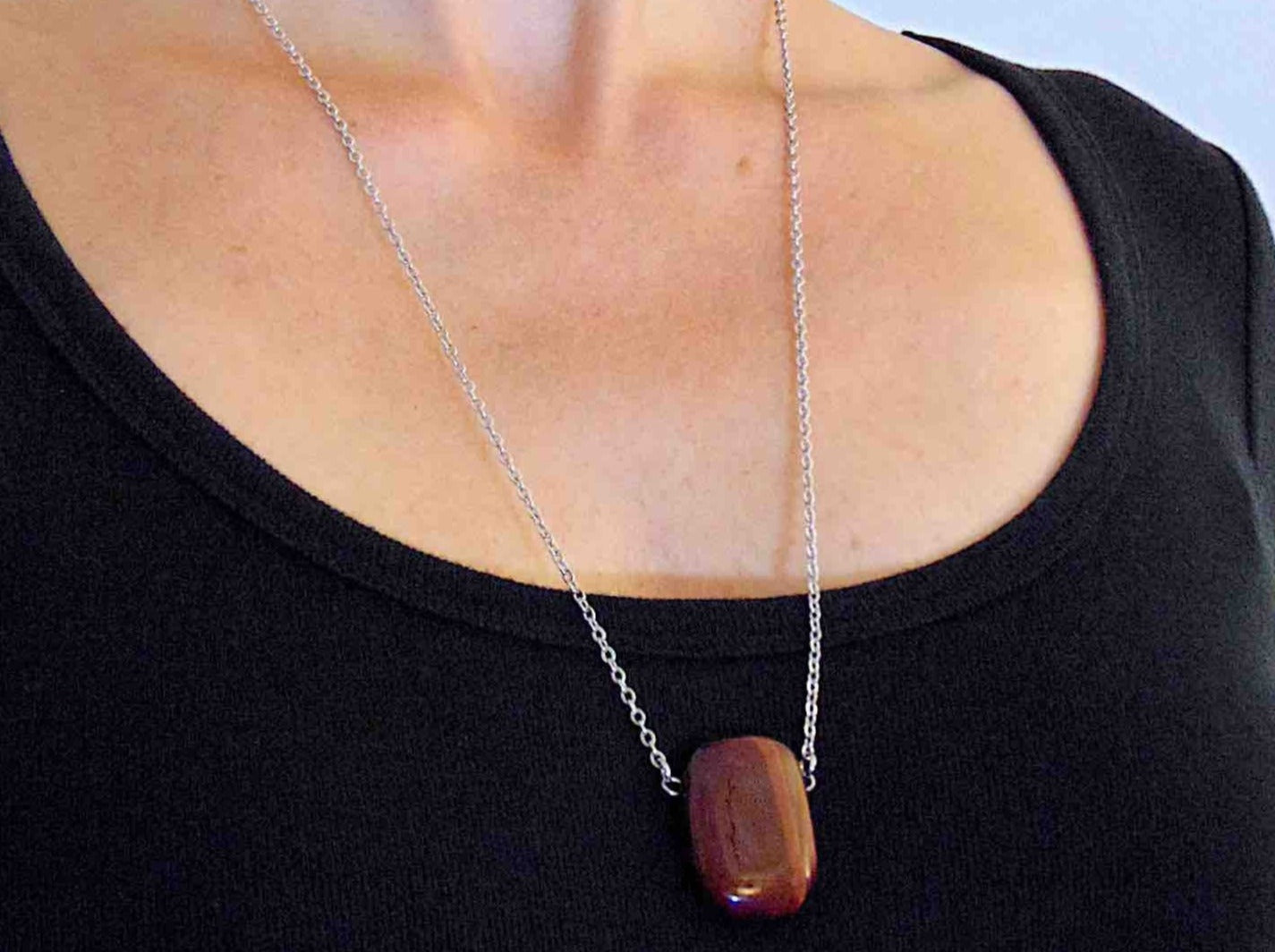 26-inch necklace with rectangular red tiger eye stone pendant, stainless steel chain