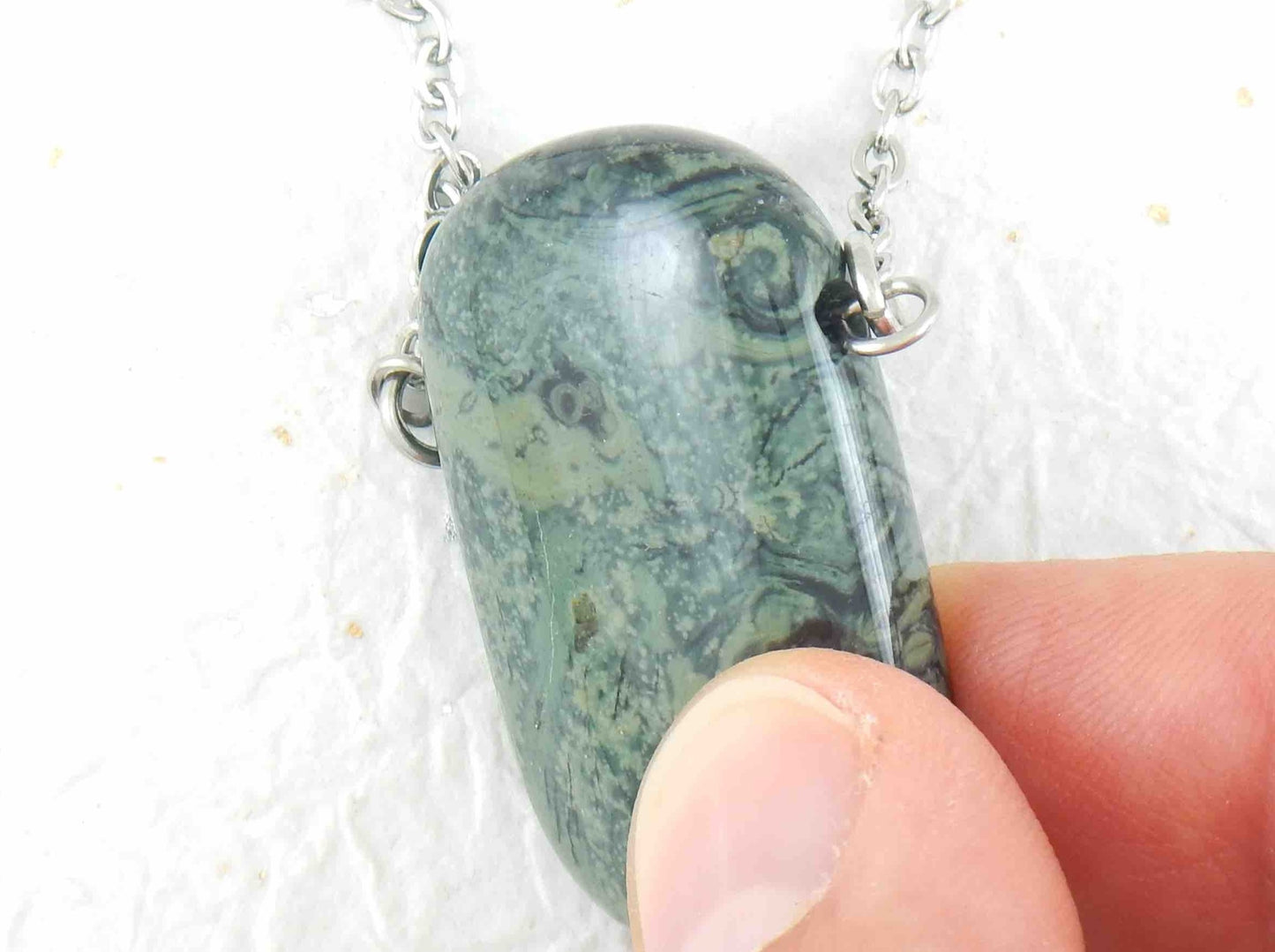 26-inch necklace with rectangular dark green and black marbled kambaba jasper stone pendant, stainless steel chain