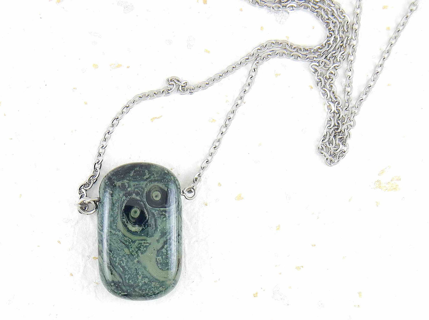 26-inch necklace with rectangular dark green and black marbled kambaba jasper stone pendant, stainless steel chain