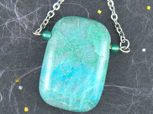 30-inch necklace with large rectangular blue-green chrysocolla stone pendant, triangular layout, matching glass beads, stainless steel chain