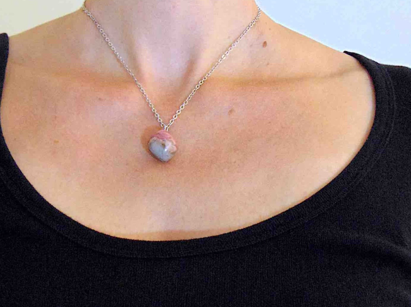 16-inch necklace with pink and gray rhodonite stone nugget pendant, stainless steel chain