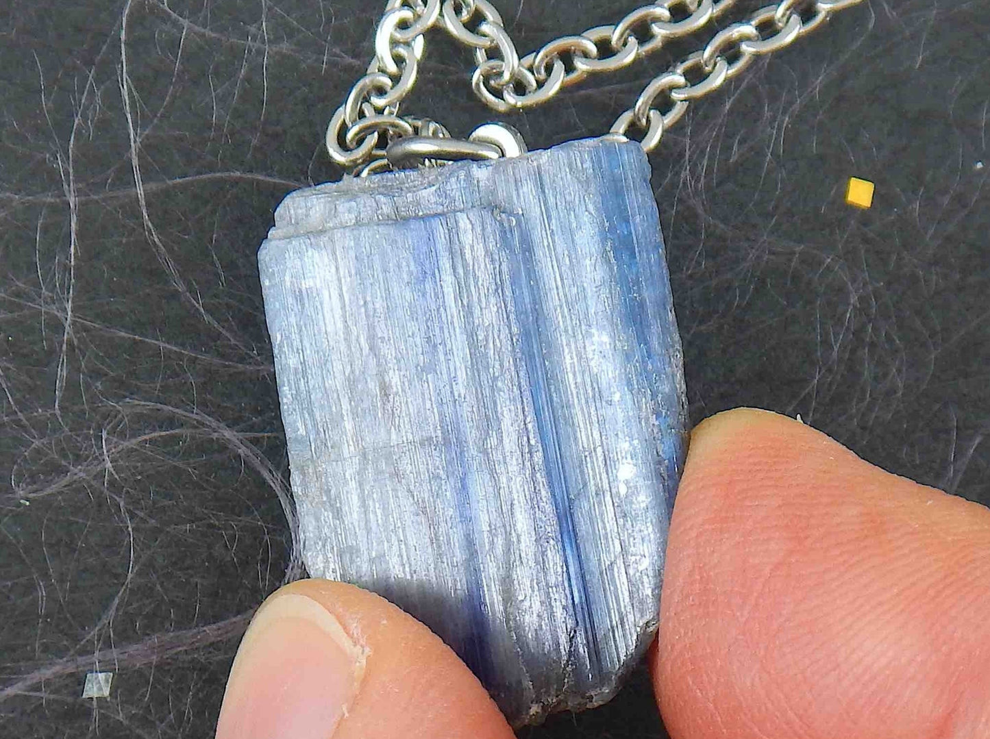16-inch necklace with iridescent blue kyanite stone pendant, stainless steel chain
