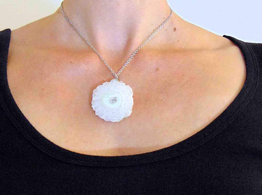 16-inch necklace with large solar quartz stone circular pendant, white with a hint of green, stainless steel chain