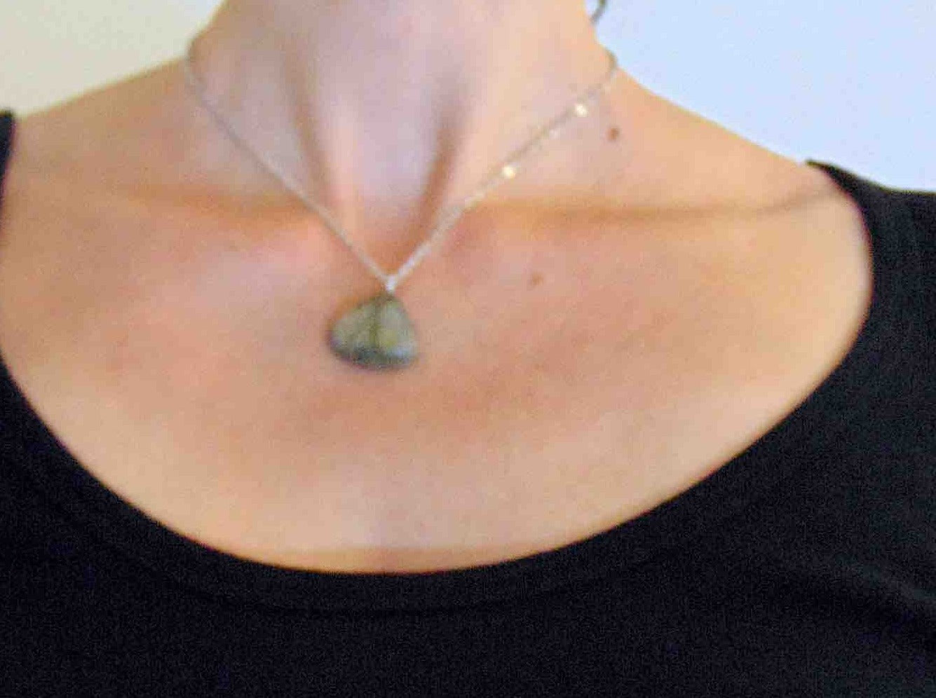 16-inch necklace with bronze labradorite stone drop pendant, blacks veins, stainless steel chain