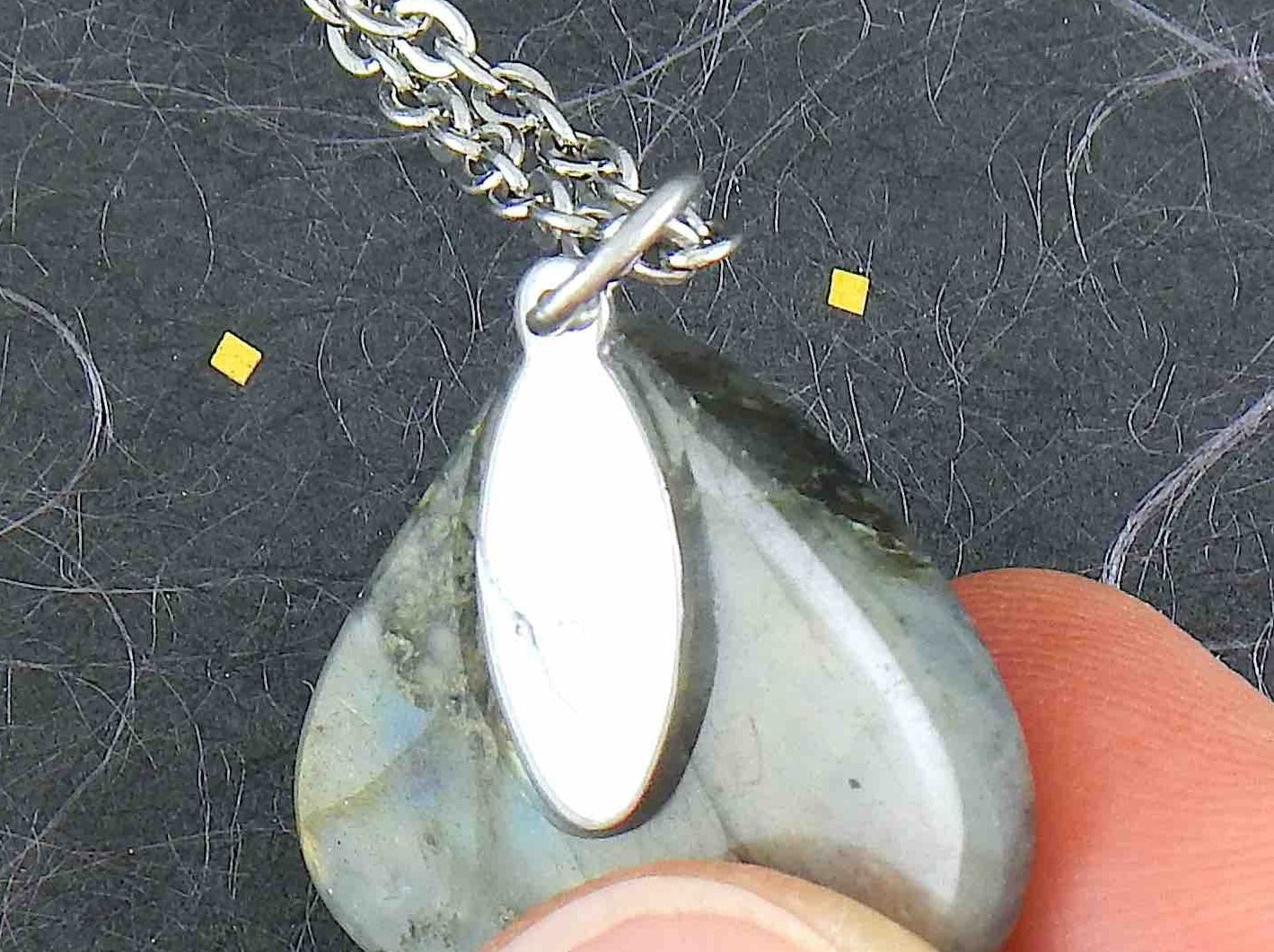 16-inch necklace with bronze labradorite stone drop pendant, blacks veins, stainless steel chain