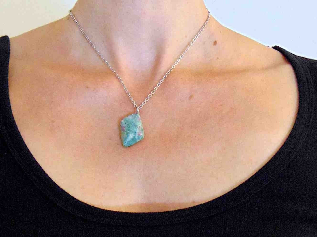 16-inch necklace with marbled emerald green fuchsite ruby stone lozenge pendant, purple inclusions, stainless steel chain