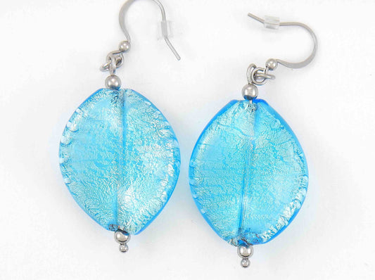 Long earrings with large Murano glass twists in 2 colours (turquoise, coral), silver or gold foil, stainless steel hooks