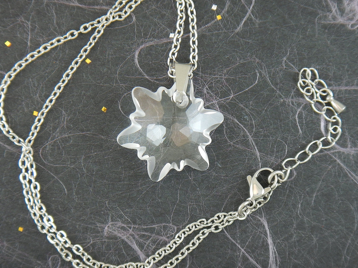 15-inch necklace with rare 30mm Edelweiss Swarovski crystal pendant, frosted edges, stainless steel chain