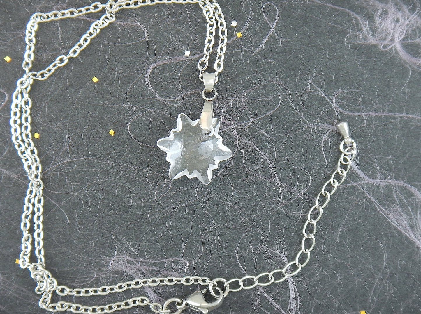 15-inch necklace with rare 20mm Edelweiss Swarovski crystal pendant, frosted edges, stainless steel chain