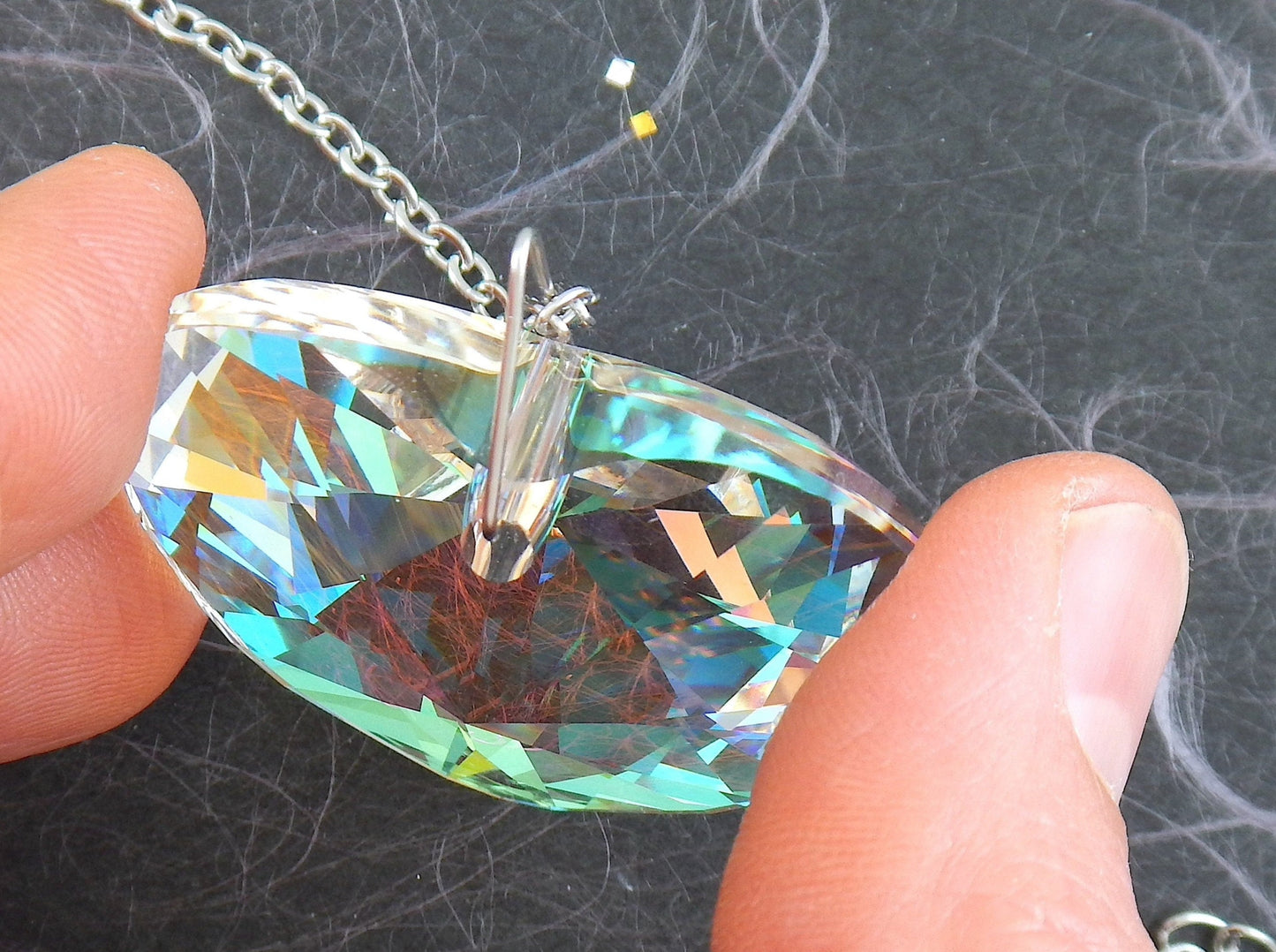 20-inch necklace with 40mm high-shine Crystal AB faceted Swarovski crystal heart pendant, stainless steel chain