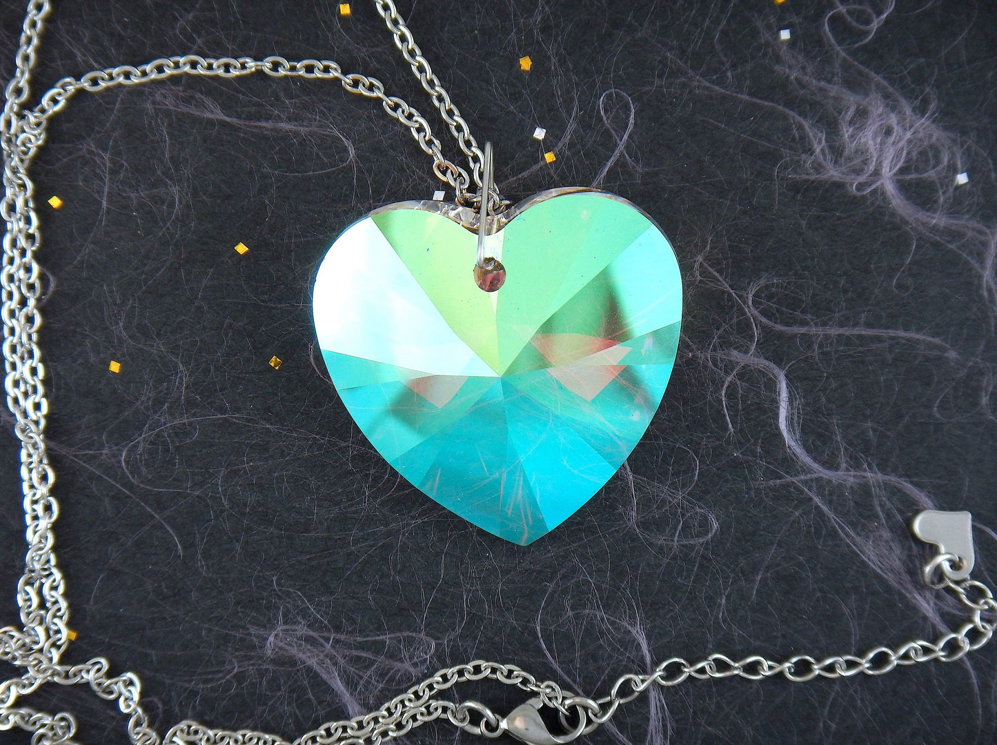 20-inch necklace with 40mm high-shine Crystal AB faceted Swarovski crystal heart pendant, stainless steel chain