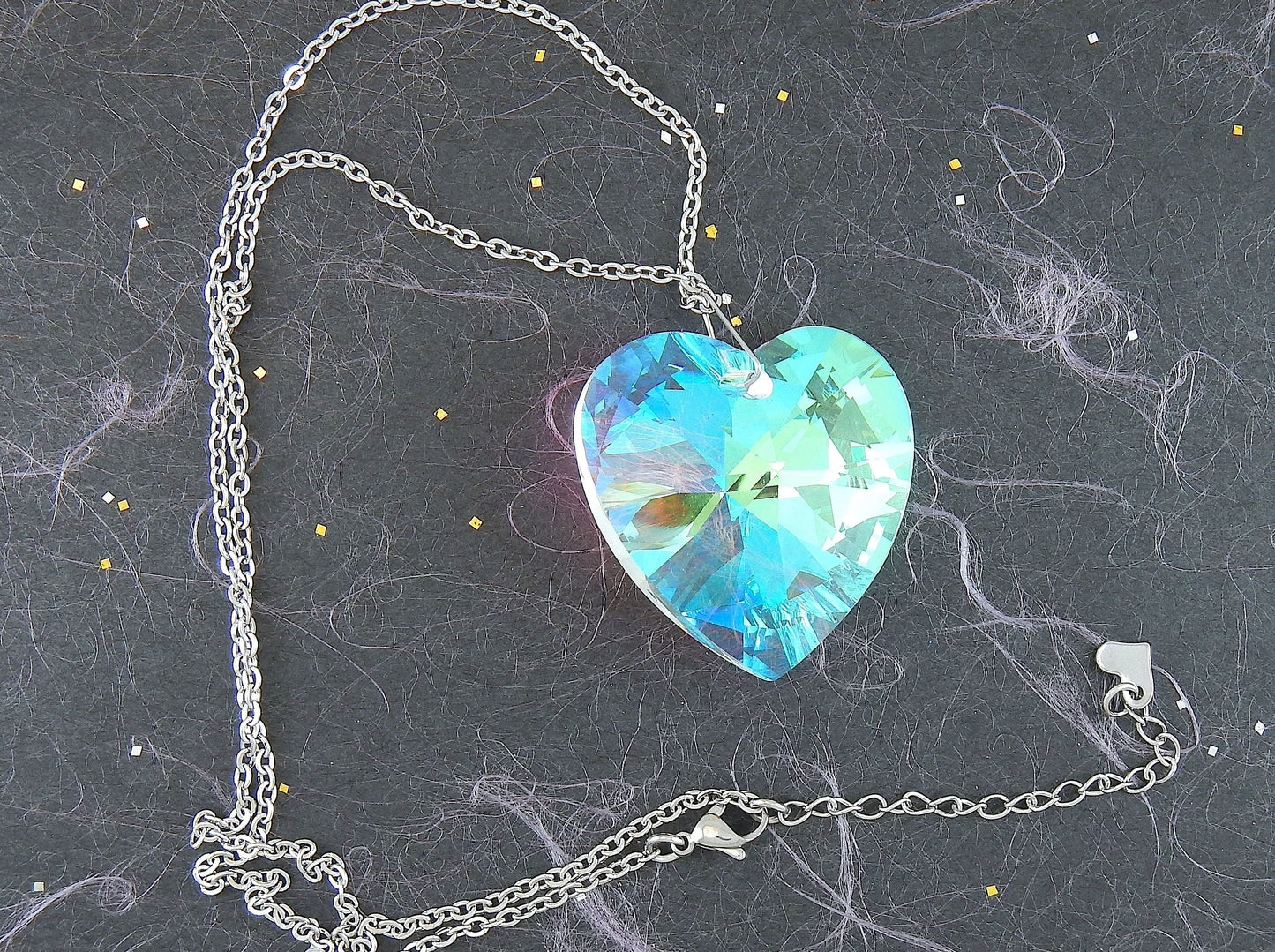 20-inch necklace with 40mm high-shine Crystal AB faceted Swarovski crystal heart pendant, stainless steel chain