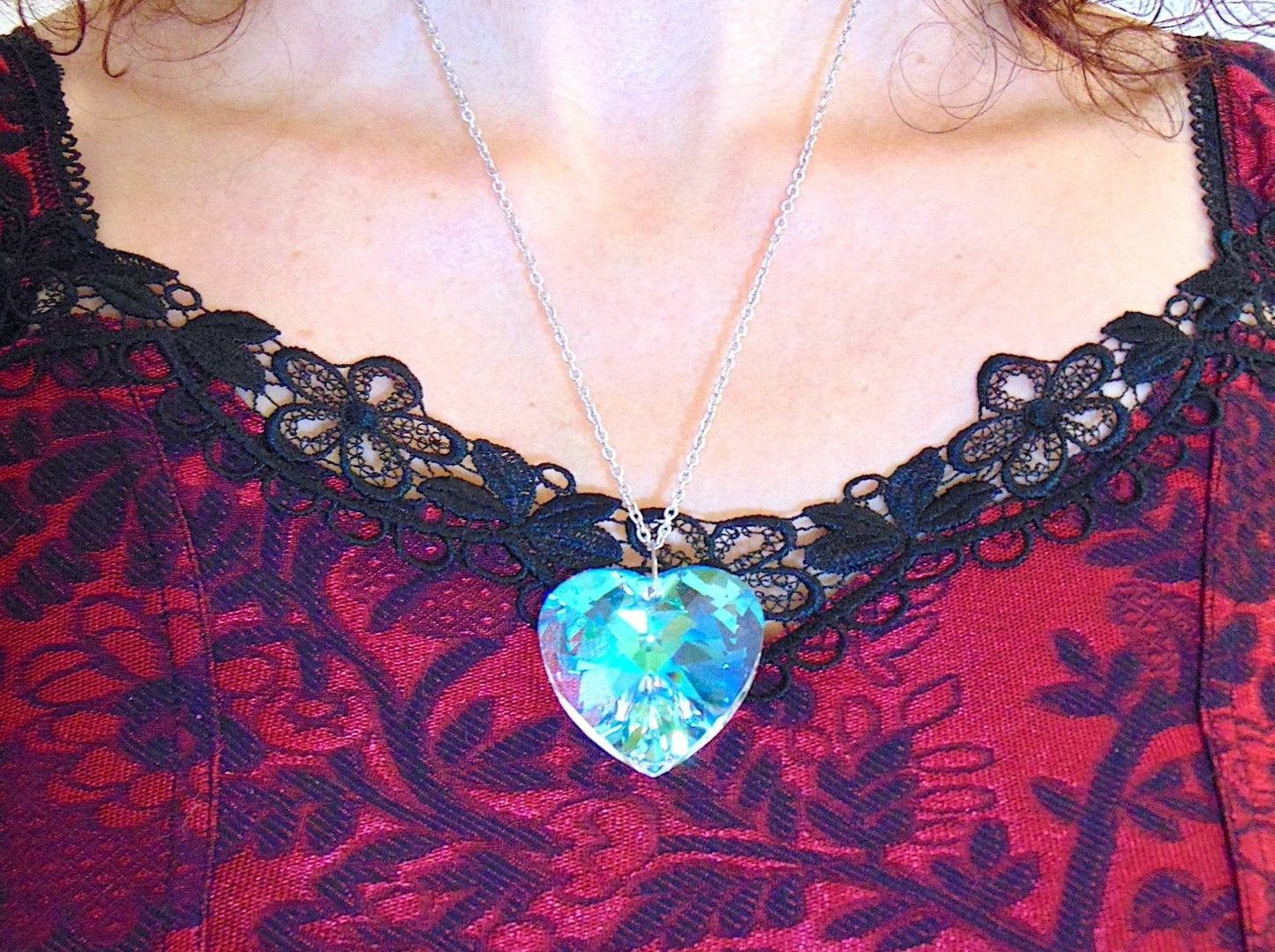 20-inch necklace with 40mm high-shine Crystal AB faceted Swarovski crystal heart pendant, stainless steel chain