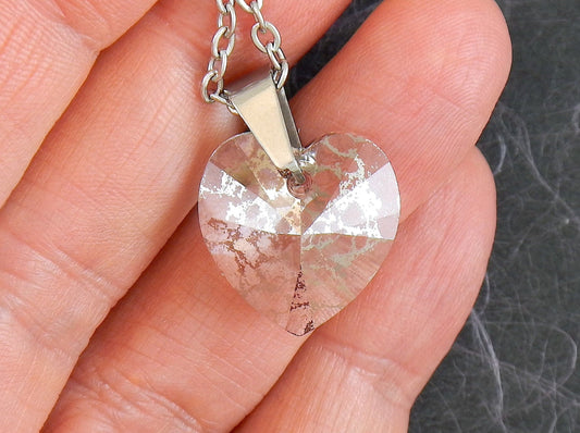 16-inch necklace with 15mm silver patina faceted Swarovski crystal heart pendant, stainless steel chain
