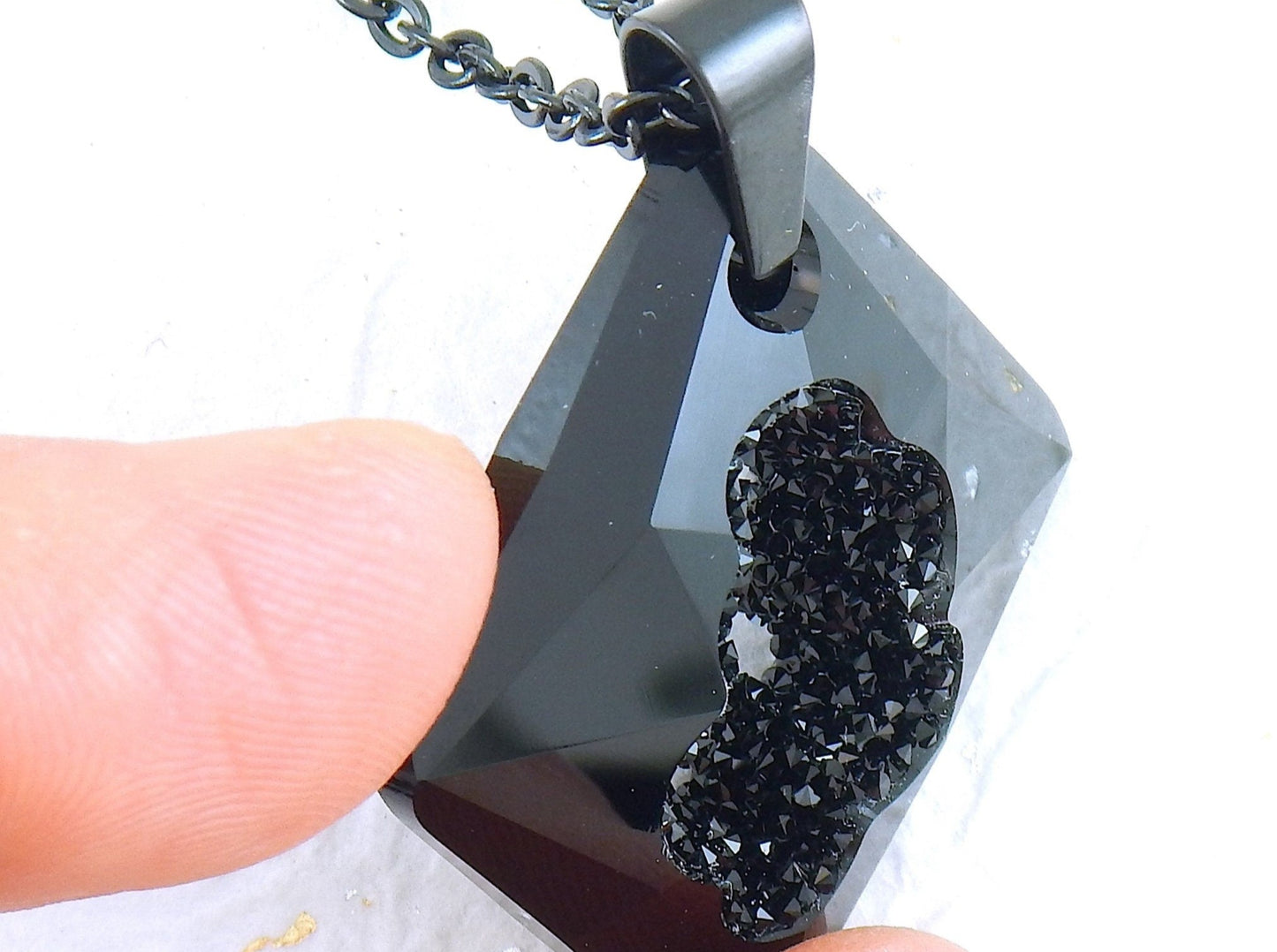 20-inch necklace with 35mm Jet black Swarovski crystal Rhombus lozenge pendant, geode center, black stainless steel chain