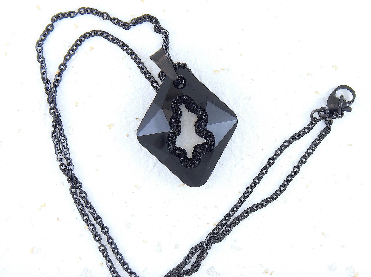 20-inch necklace with 35mm Jet black Swarovski crystal Rhombus lozenge pendant, geode center, black stainless steel chain
