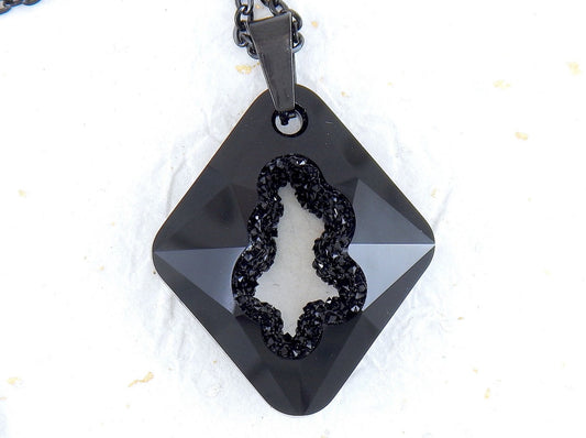20-inch necklace with 35mm Jet black Swarovski crystal Rhombus lozenge pendant, geode center, black stainless steel chain