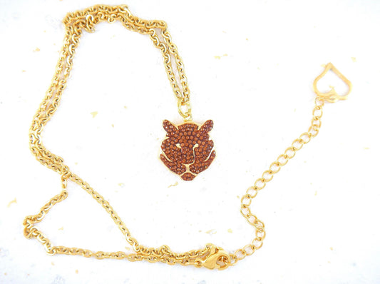 15-inch necklace with Swarovski Tiger charm pendant in bronze (smoke), gold plated, all gold-toned hypoallergenic stainless steel