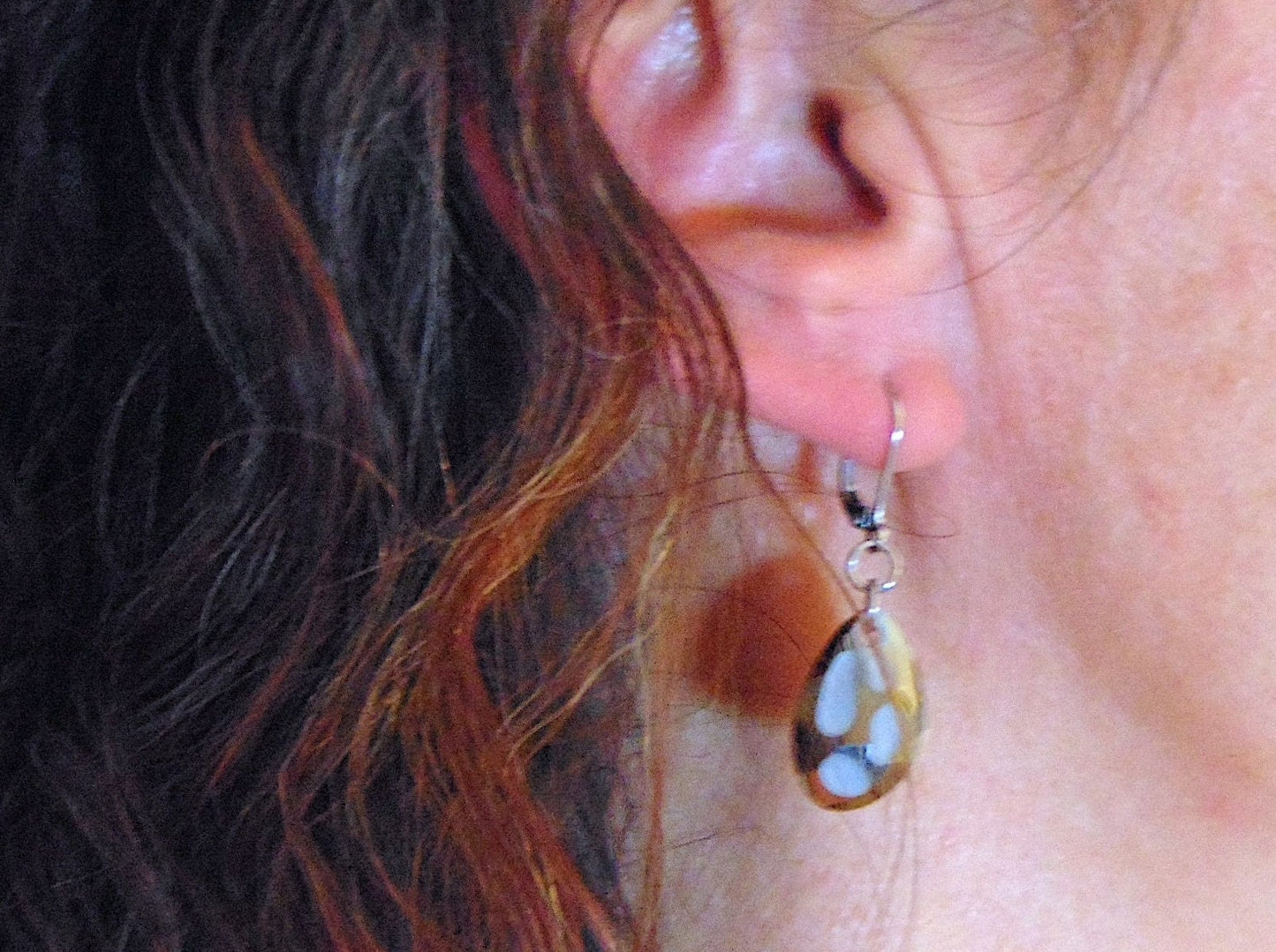 Short earrings with Silent Night grey Swarovski crystal Radiolarian drops, 3-dimensional crater pattern, stainless steel lever back hooks