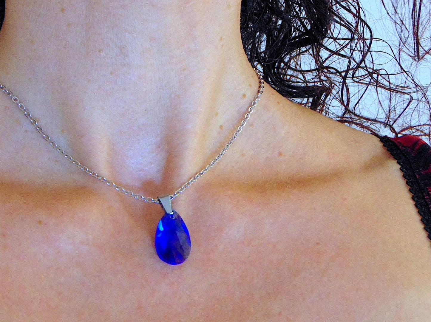 15-inch necklace with 20mm indigo Majestic Blue Swarovski crystal drop pendant, stainless steel chain