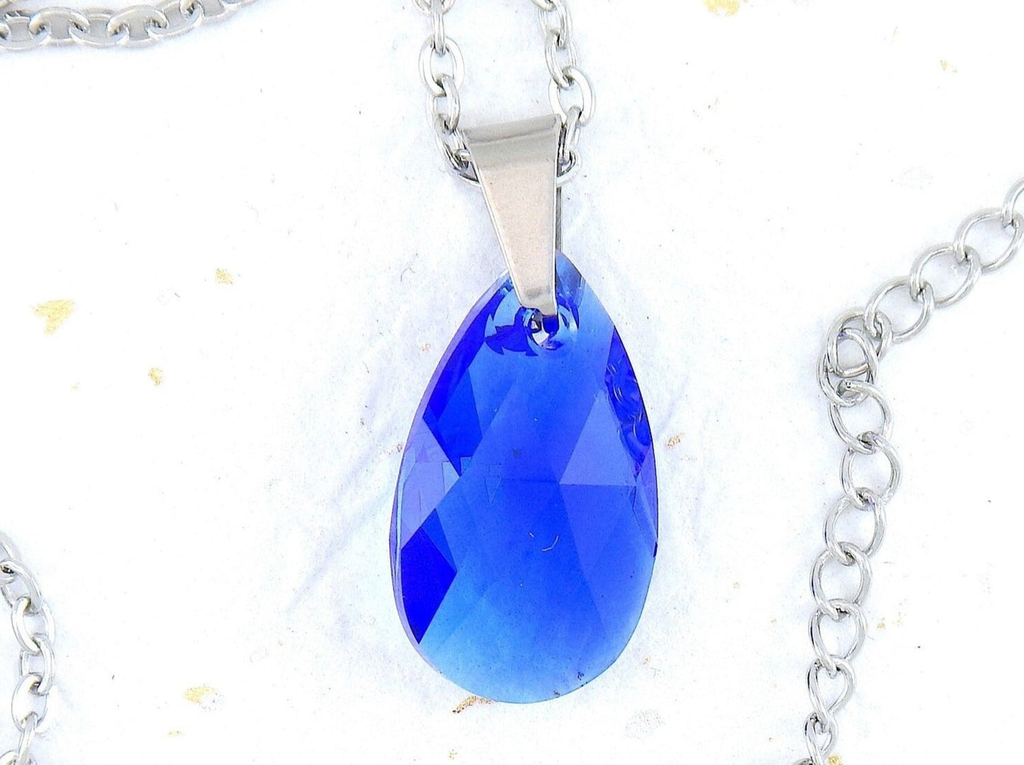 15-inch necklace with 20mm indigo Majestic Blue Swarovski crystal drop pendant, stainless steel chain