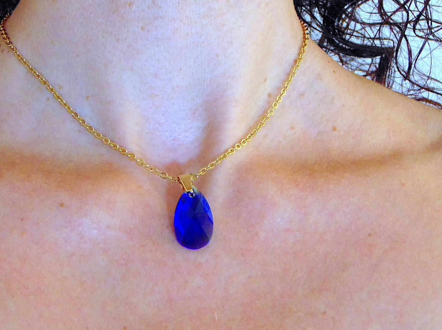 15-inch necklace with 20mm indigo Majestic Blue Swarovski crystal drop pendant, gold-toned stainless steel chain