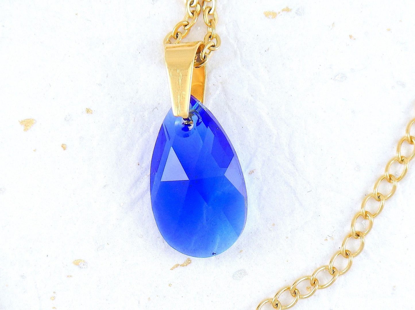 15-inch necklace with 20mm indigo Majestic Blue Swarovski crystal drop pendant, gold-toned stainless steel chain