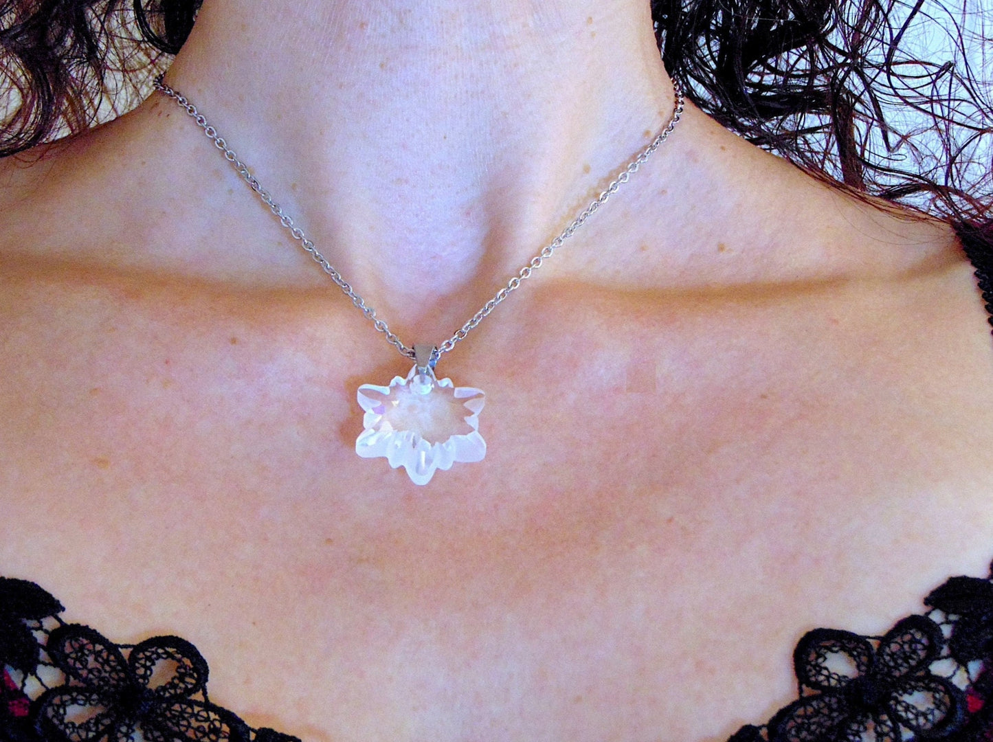 15-inch necklace with rare 30mm Edelweiss Swarovski crystal pendant, frosted edges, stainless steel chain