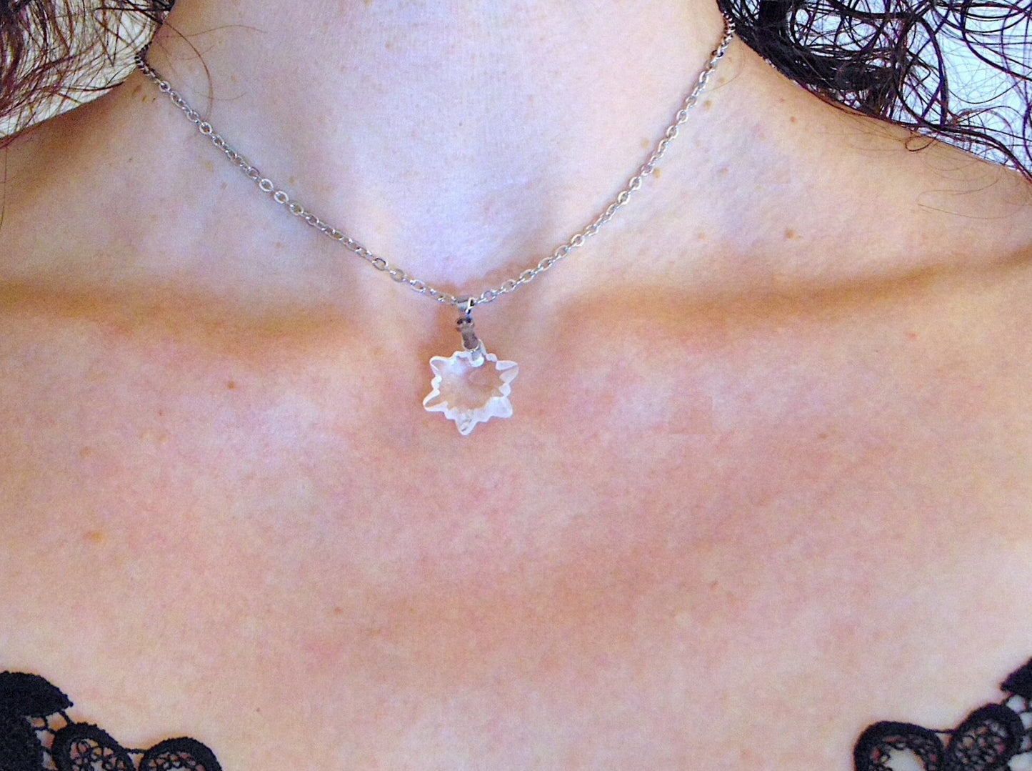 15-inch necklace with rare 20mm Edelweiss Swarovski crystal pendant, frosted edges, stainless steel chain