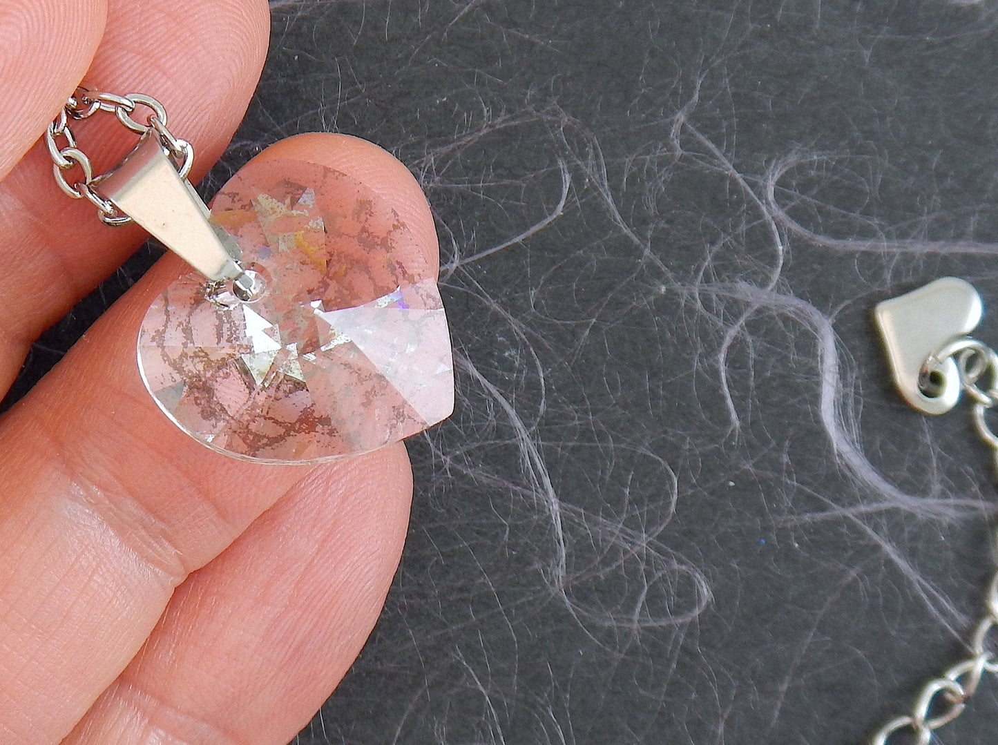 16-inch necklace with 15mm silver patina faceted Swarovski crystal heart pendant, stainless steel chain