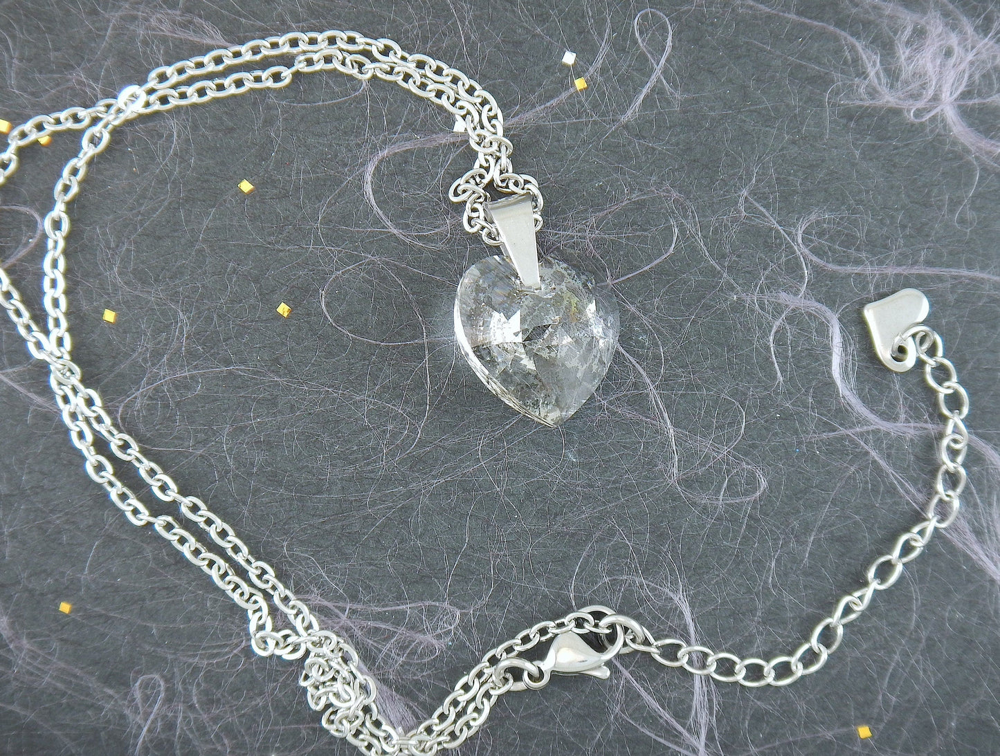 16-inch necklace with 15mm silver patina faceted Swarovski crystal heart pendant, stainless steel chain