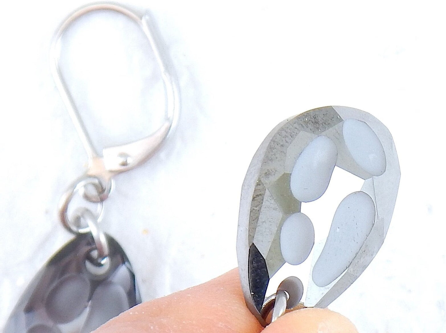 Short earrings with Silent Night grey Swarovski crystal Radiolarian drops, 3-dimensional crater pattern, stainless steel lever back hooks