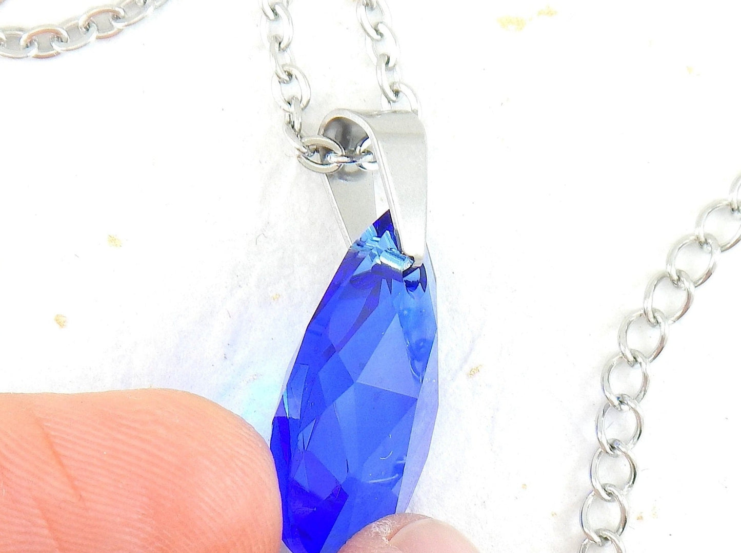 15-inch necklace with 20mm indigo Majestic Blue Swarovski crystal drop pendant, stainless steel chain
