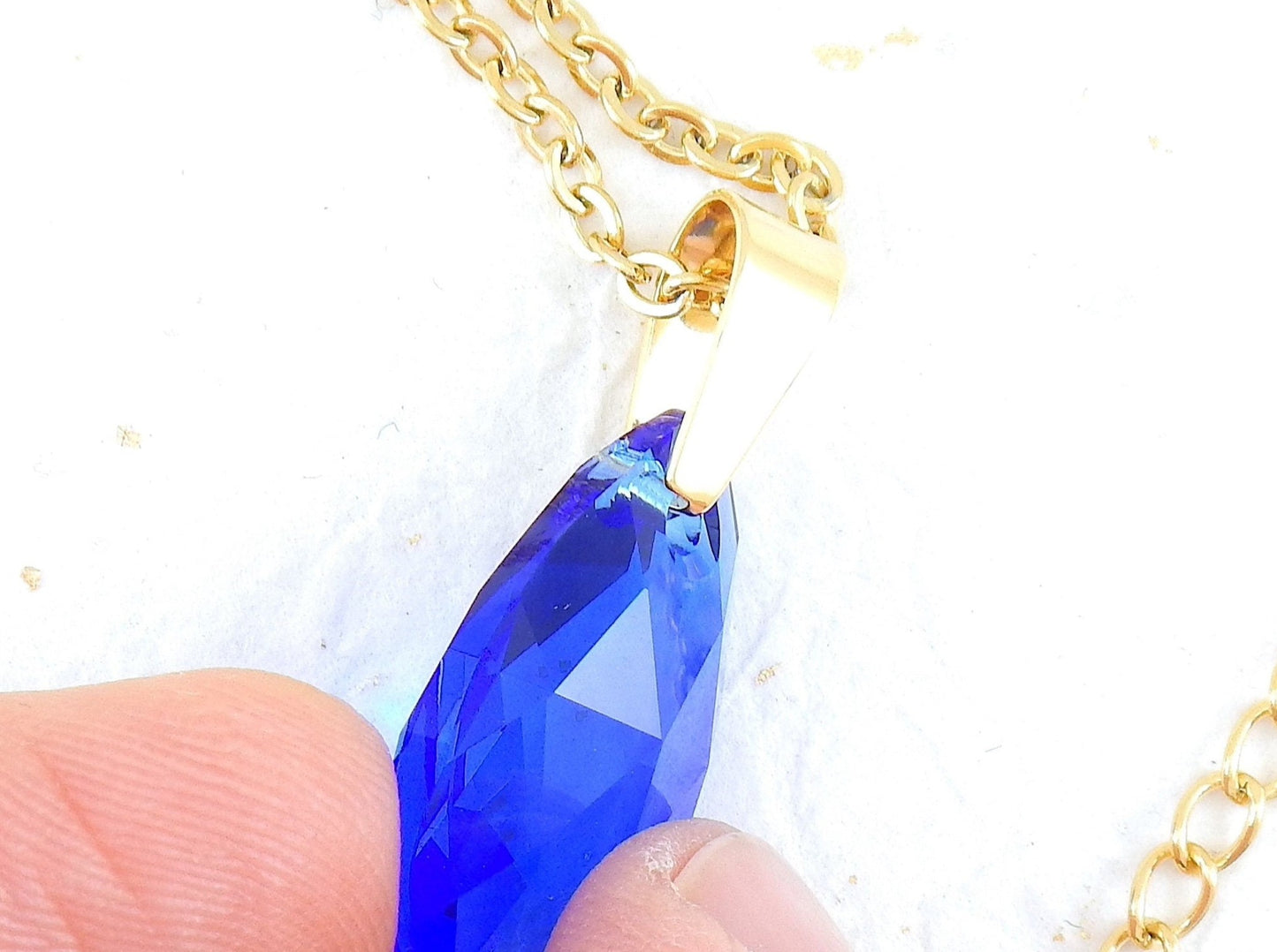 15-inch necklace with 20mm indigo Majestic Blue Swarovski crystal drop pendant, gold-toned stainless steel chain