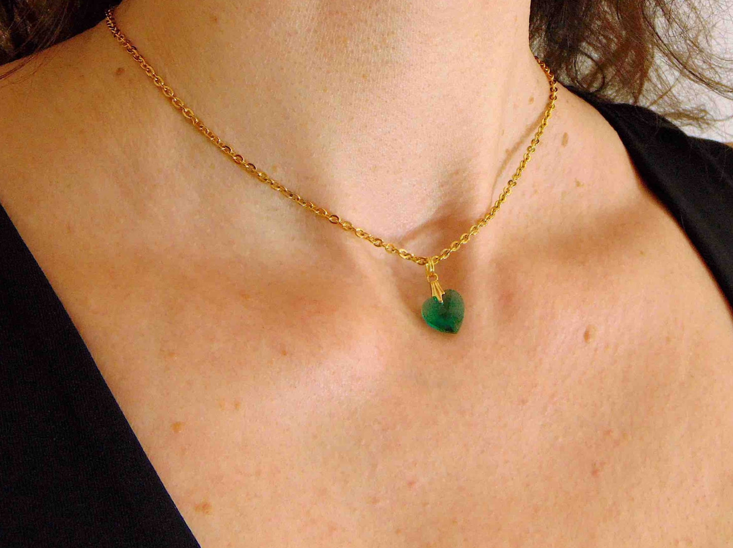 15-inch necklace with 10mm Swarovski turquoise faceted crystal heart pendant, stainless steel chain